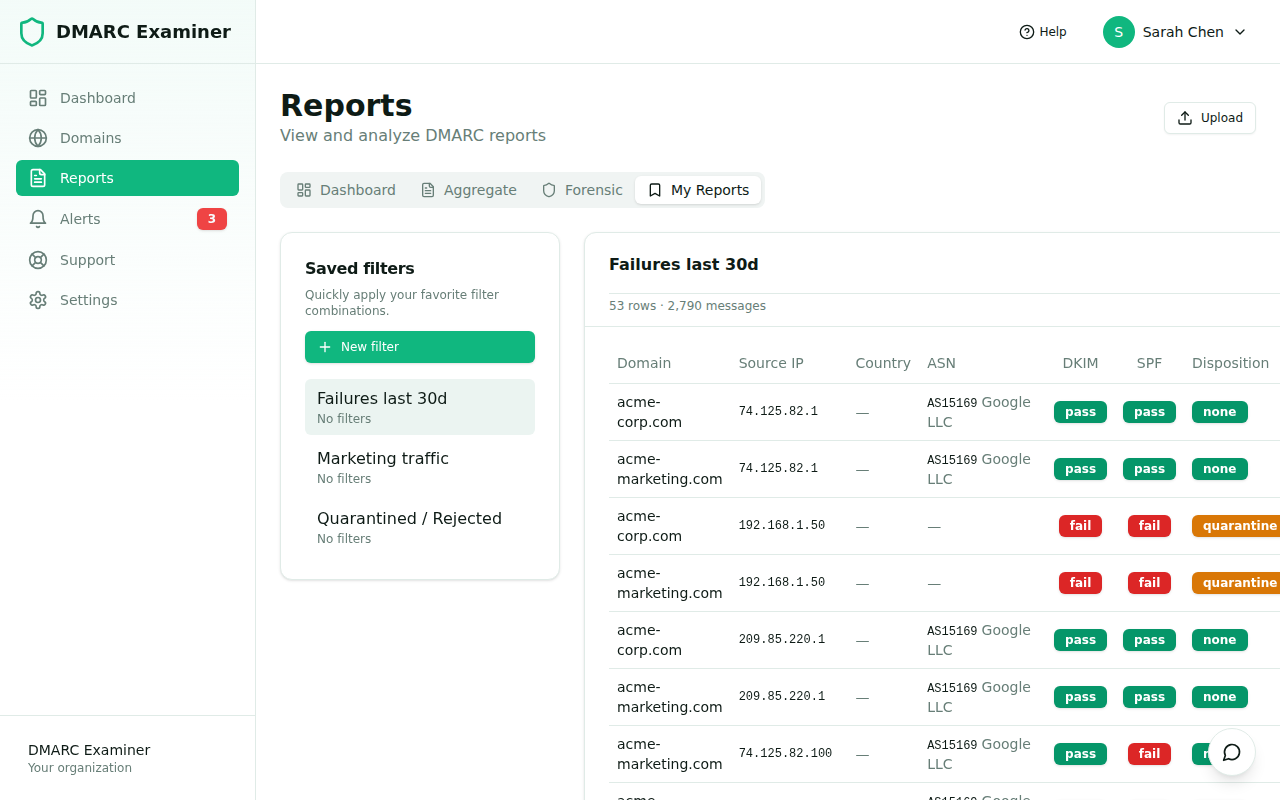 Saved filters sidebar with records table on the right
