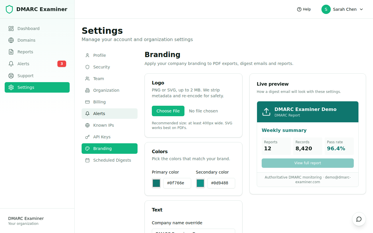 Branding settings with logo upload, color pickers and live email preview