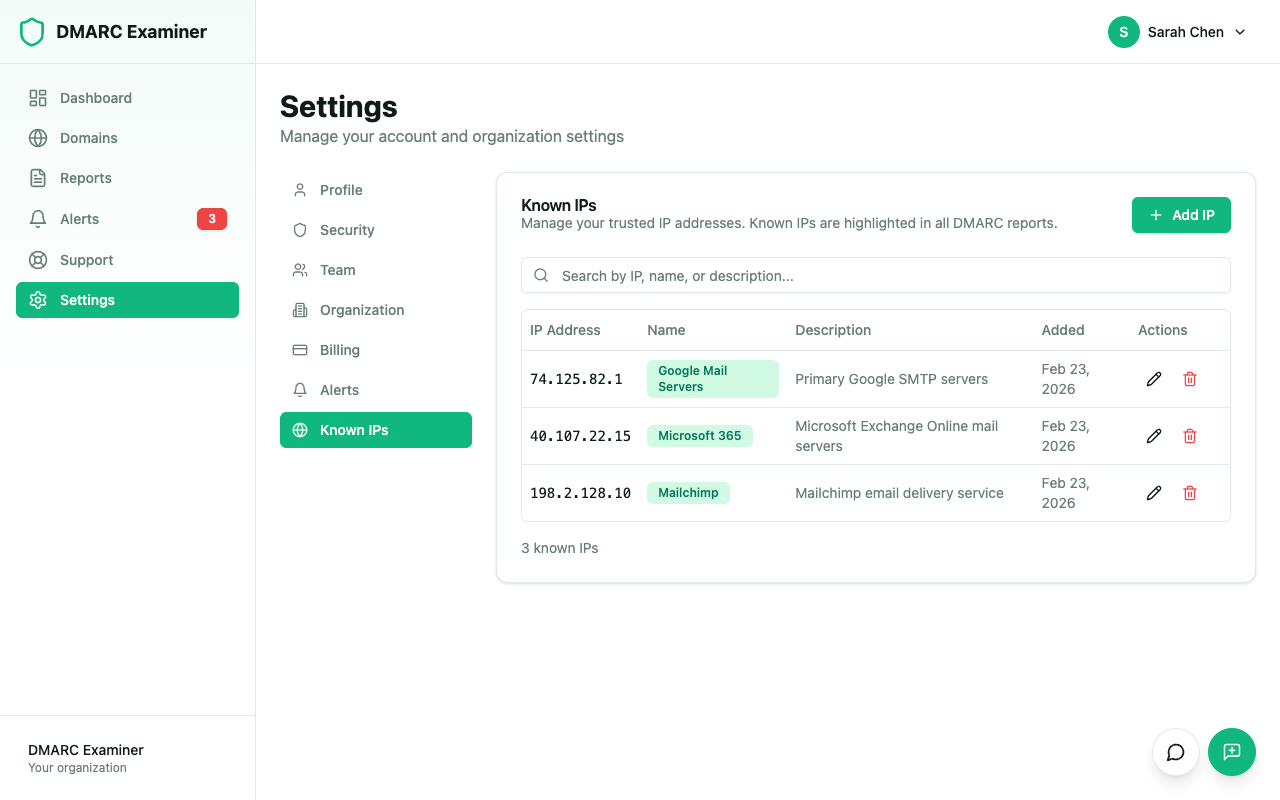 Known IPs settings