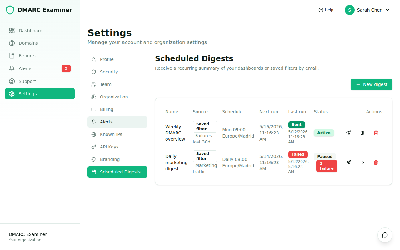 Scheduled digests table showing one active and one paused digest with last-run status